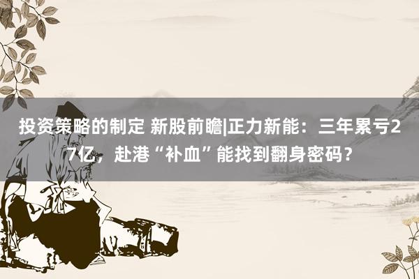 投资策略的制定 新股前瞻|正力新能：三年累亏27亿，赴港“补血”能找到翻身密码？